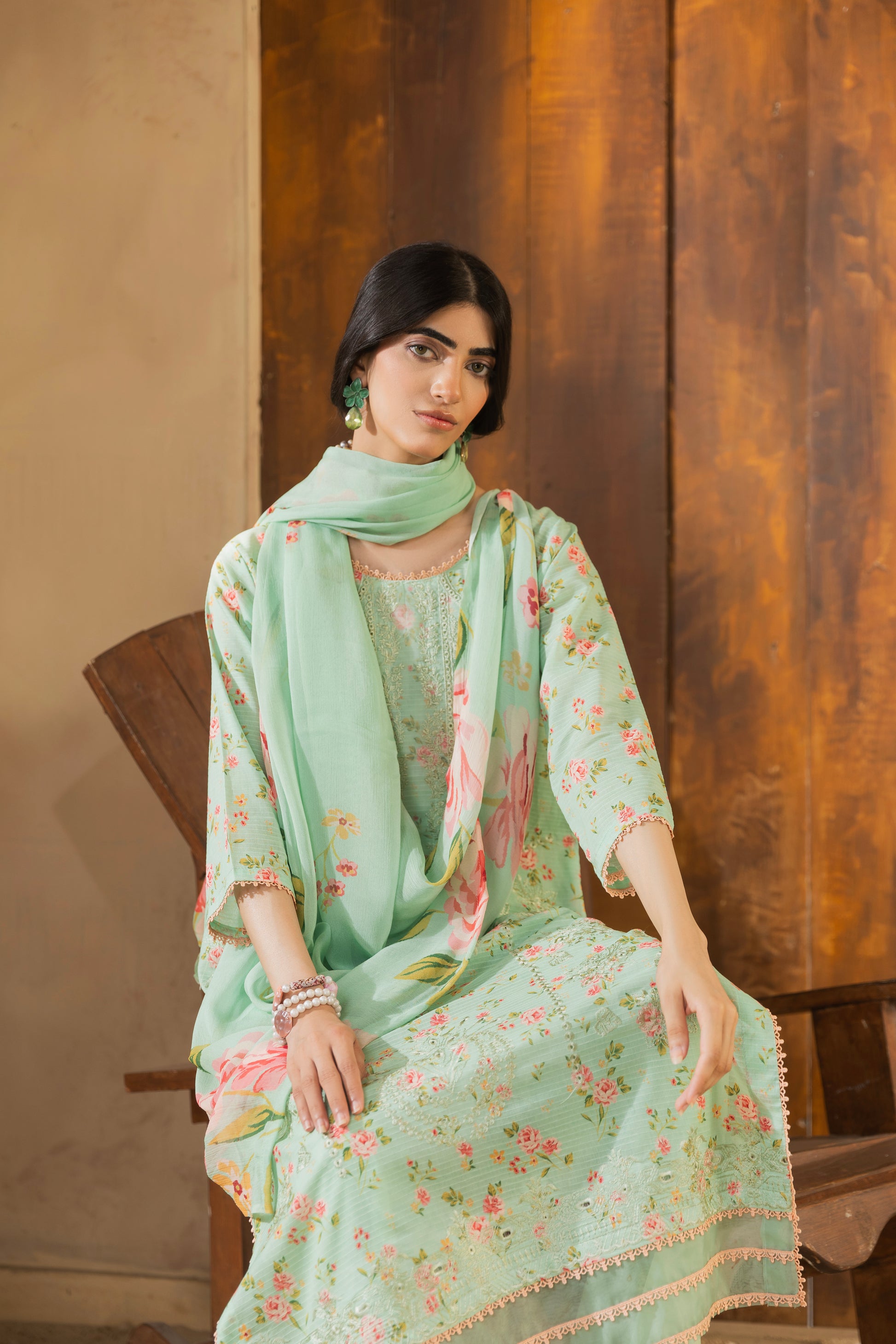 Self-check lawn embroidered shirt, chiffon dupatta, and trouser for eastern dresses