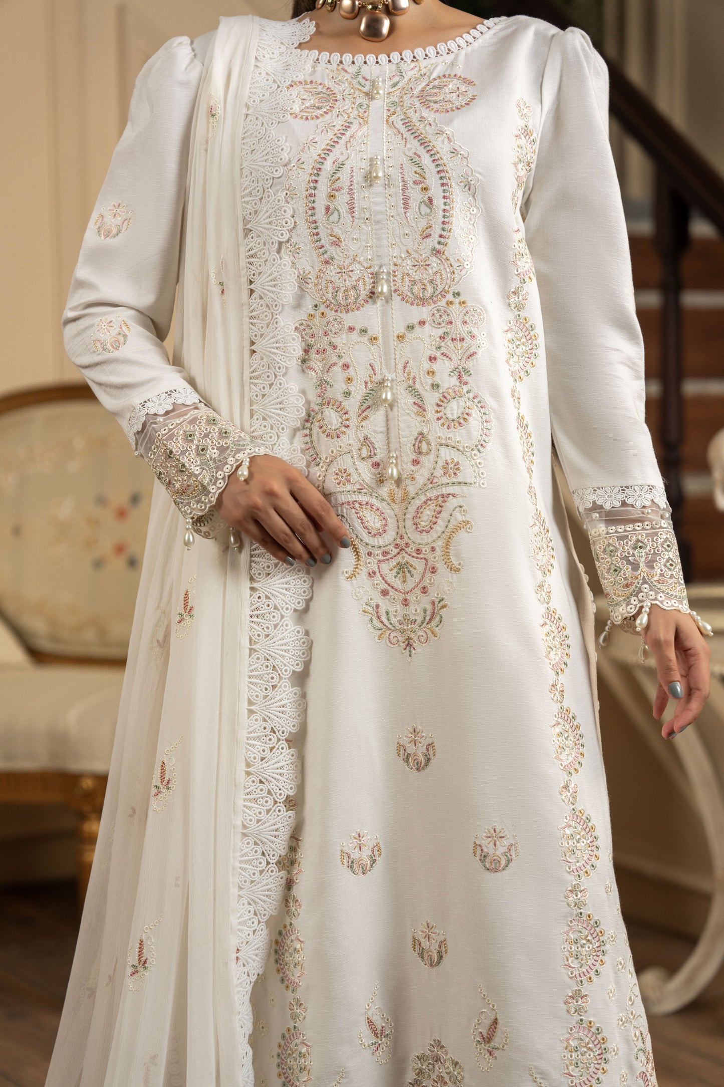 Ladies 3PC dress design in karandi fabric with embroidered detailing