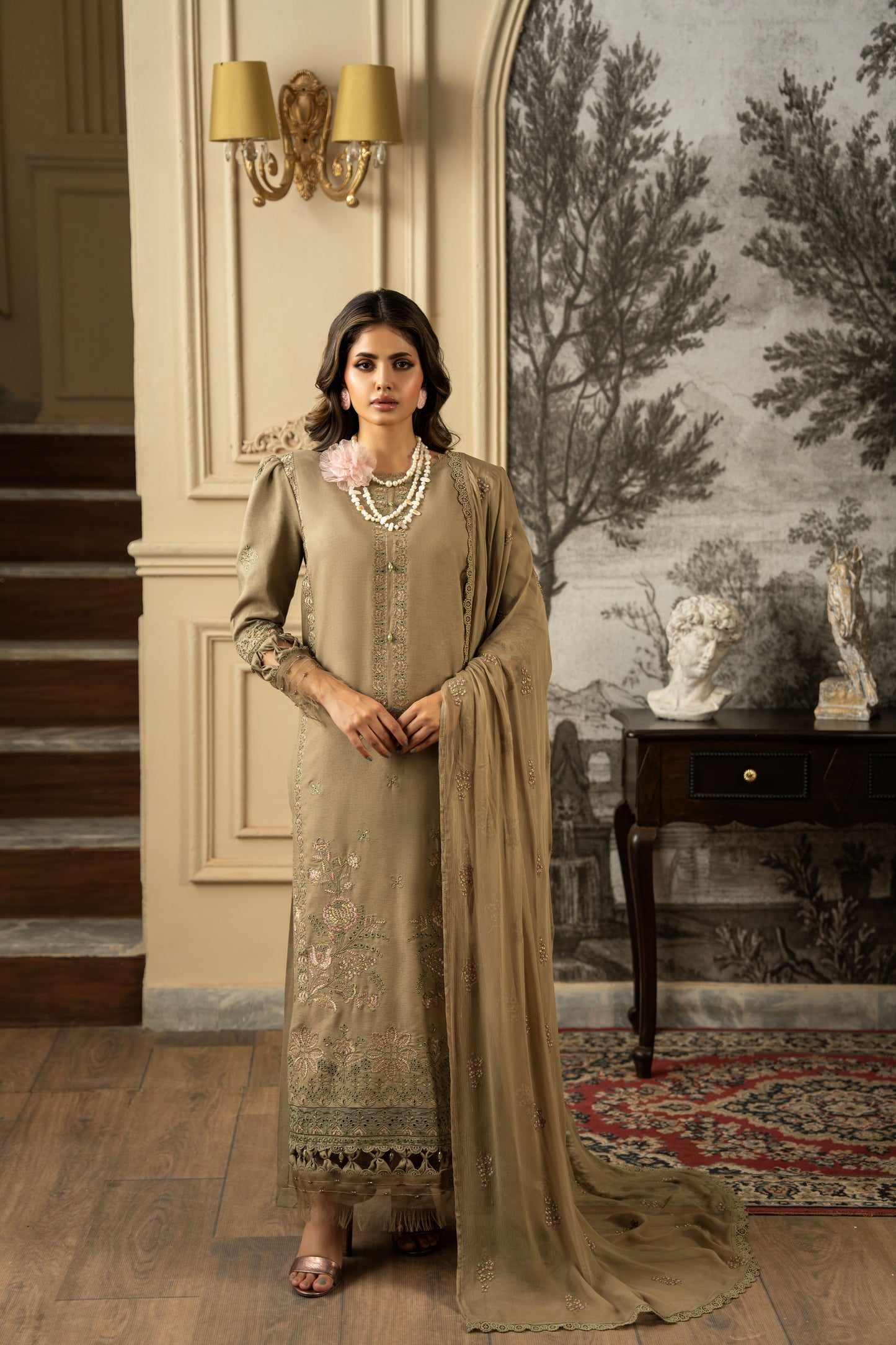 Elegant embroidered unstitched karandi suit for functions