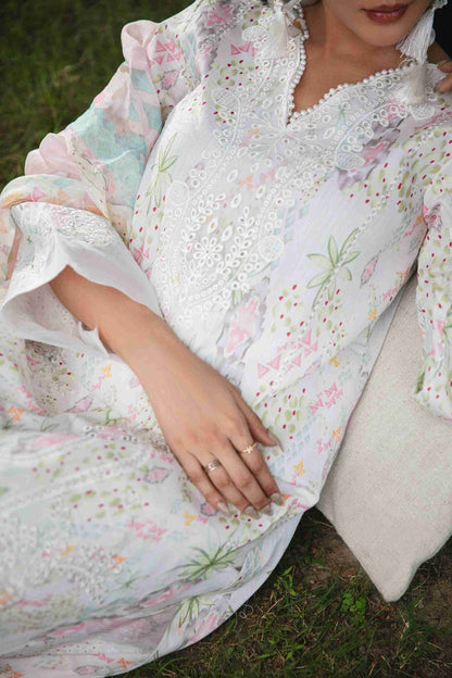 Embroidered lawn outfit with chiffon dupatta and cotton dyed trouser.