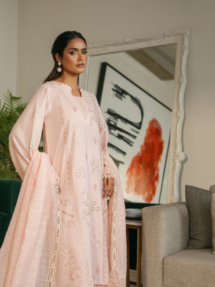 Stylish summer dress for girls in cream color with embroidered shirt and cotton dupatta