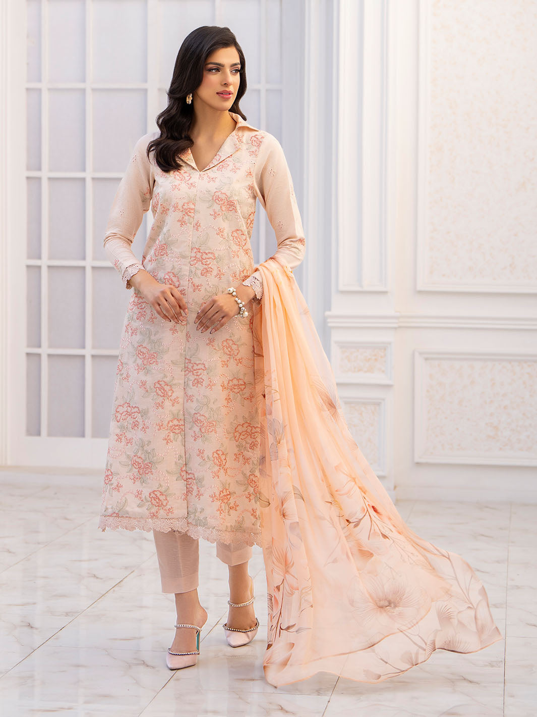 Stylish embroidered lawn suit with chiffon dupatta and plain karandi trouser