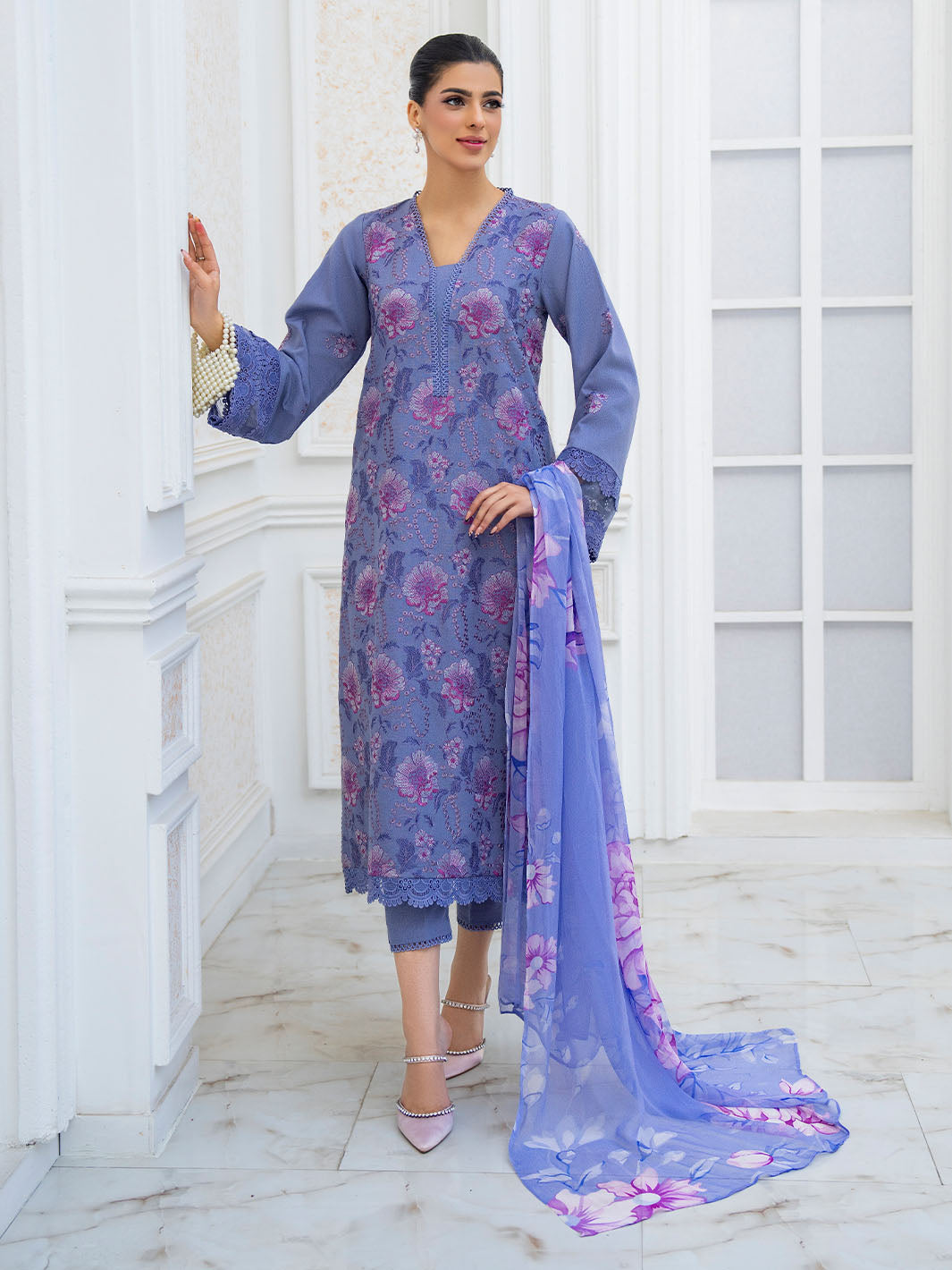 Stylish embroidered lawn shirt, chiffon dupatta, and plain karandi trouser suit
