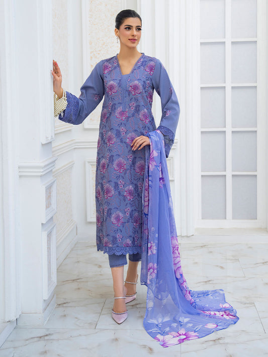 Stylish embroidered lawn shirt, chiffon dupatta, and plain karandi trouser suit