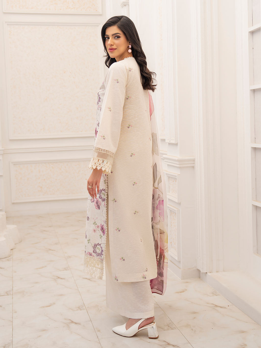 Stylish embroidered lawn suit with chiffon printed dupatta and plain karandi trouser