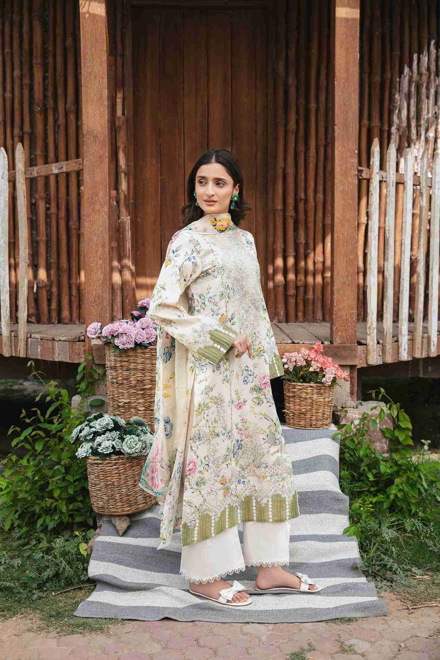 Embroidered front lawn shirt with chiffon dupatta and plain cotton trouser