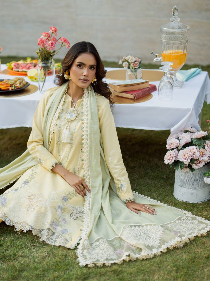 Trendy stitched yellow summer suit with embroidered shirt, cotton dupatta, and trouser