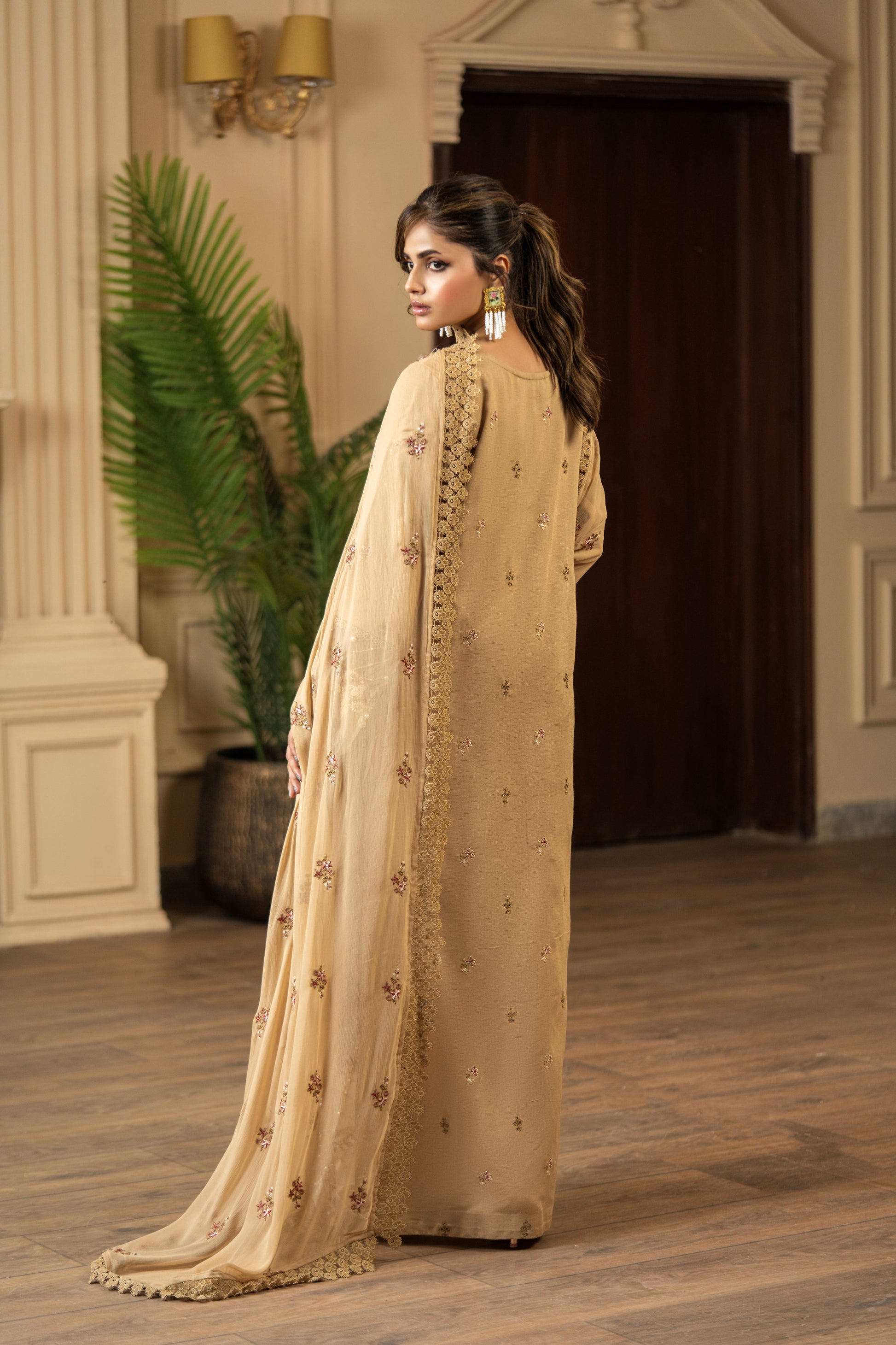 Trendy Pakistani dress with embroidered shirt and matching dupatta