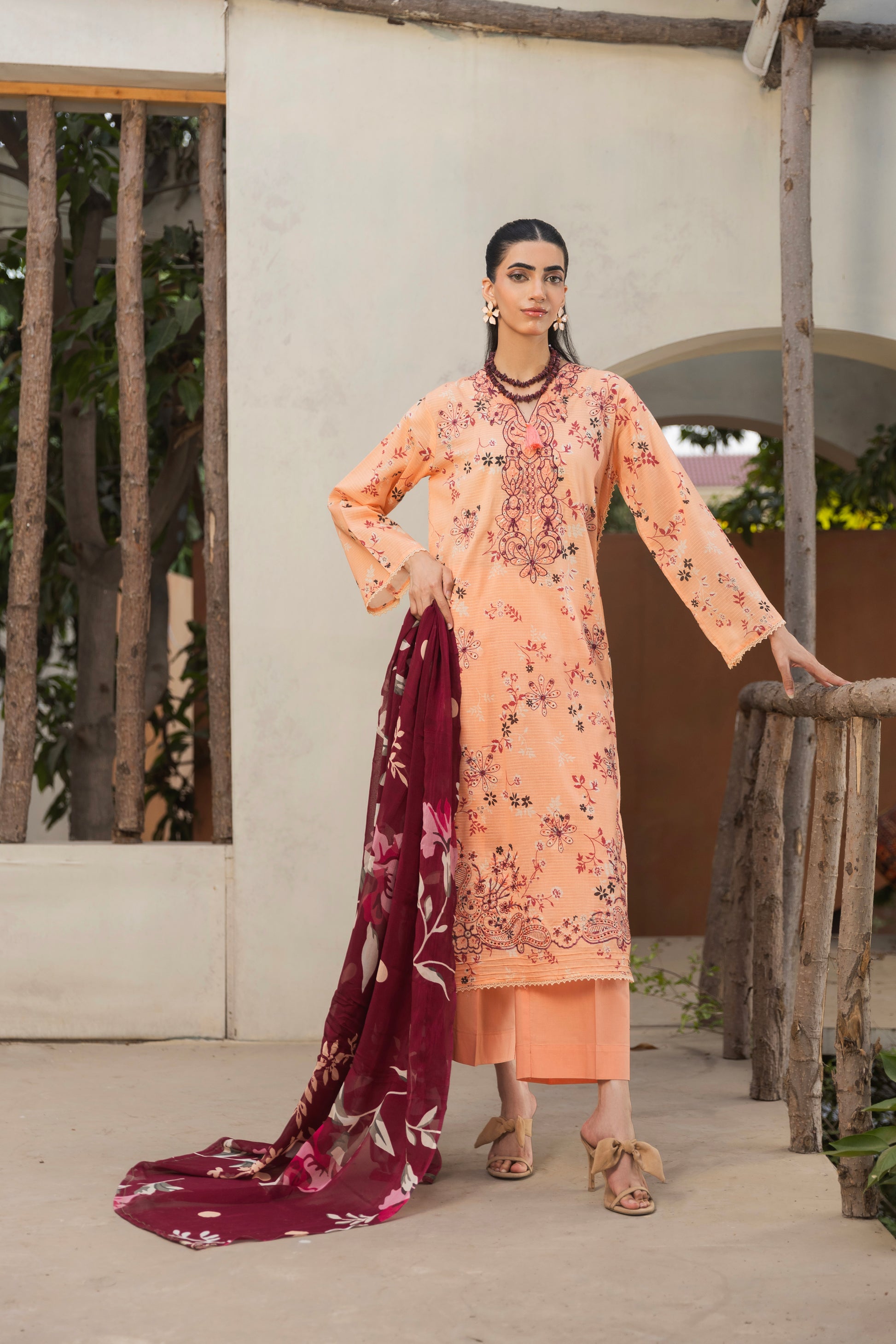 Self-check embroidered lawn shirt, chiffon dupatta, and trouser for eastern wear