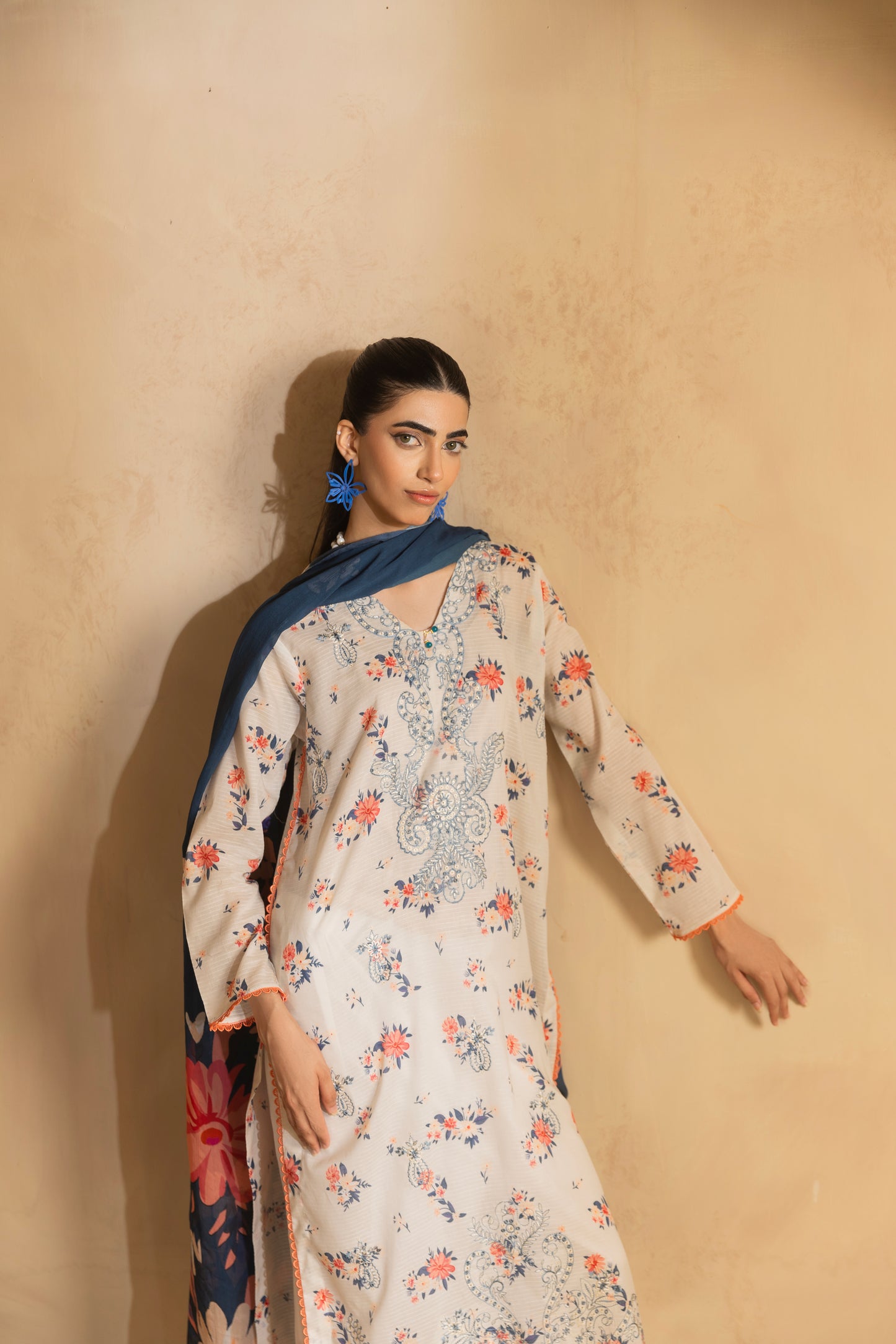 Digitally printed embroidered shirt paired with chiffon dupatta and cotton trouser for women’s eastern wear