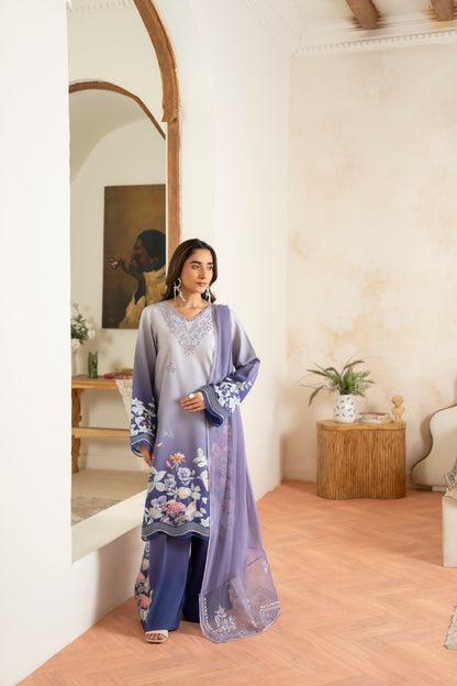 Printed viscose shirt with embroidery and chiffon dupatta for winter