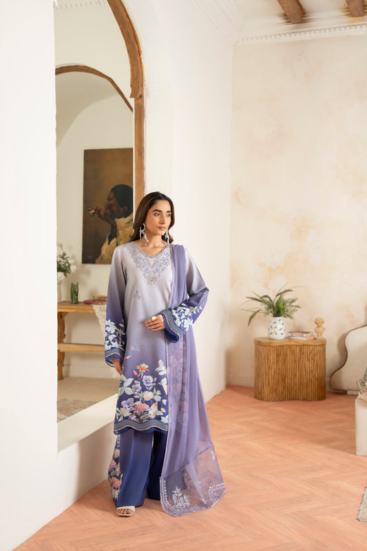 Printed viscose shirt with embroidery and chiffon dupatta for winter