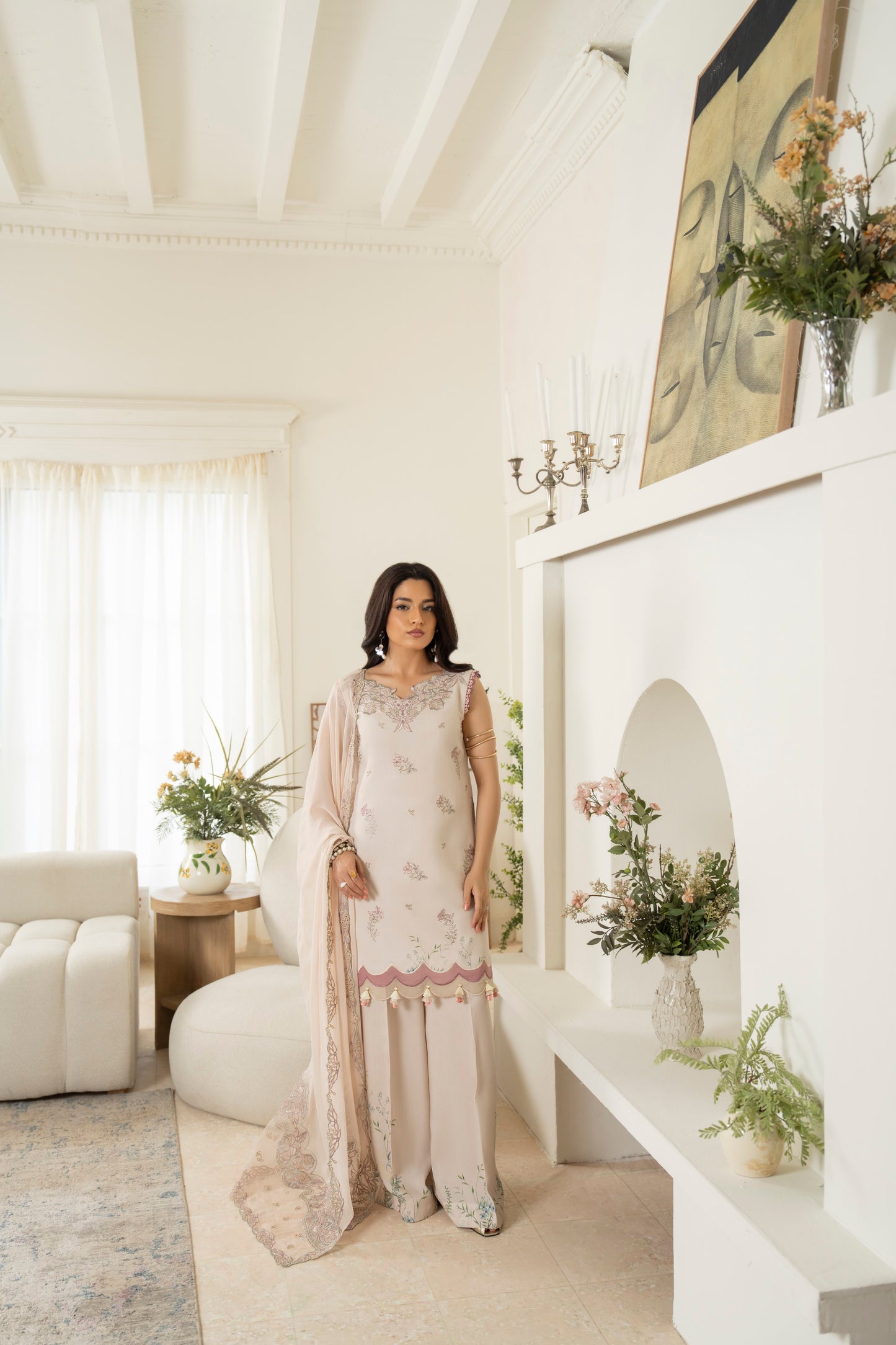 Modern printed viscose dress with embroidered front and chiffon dupatta