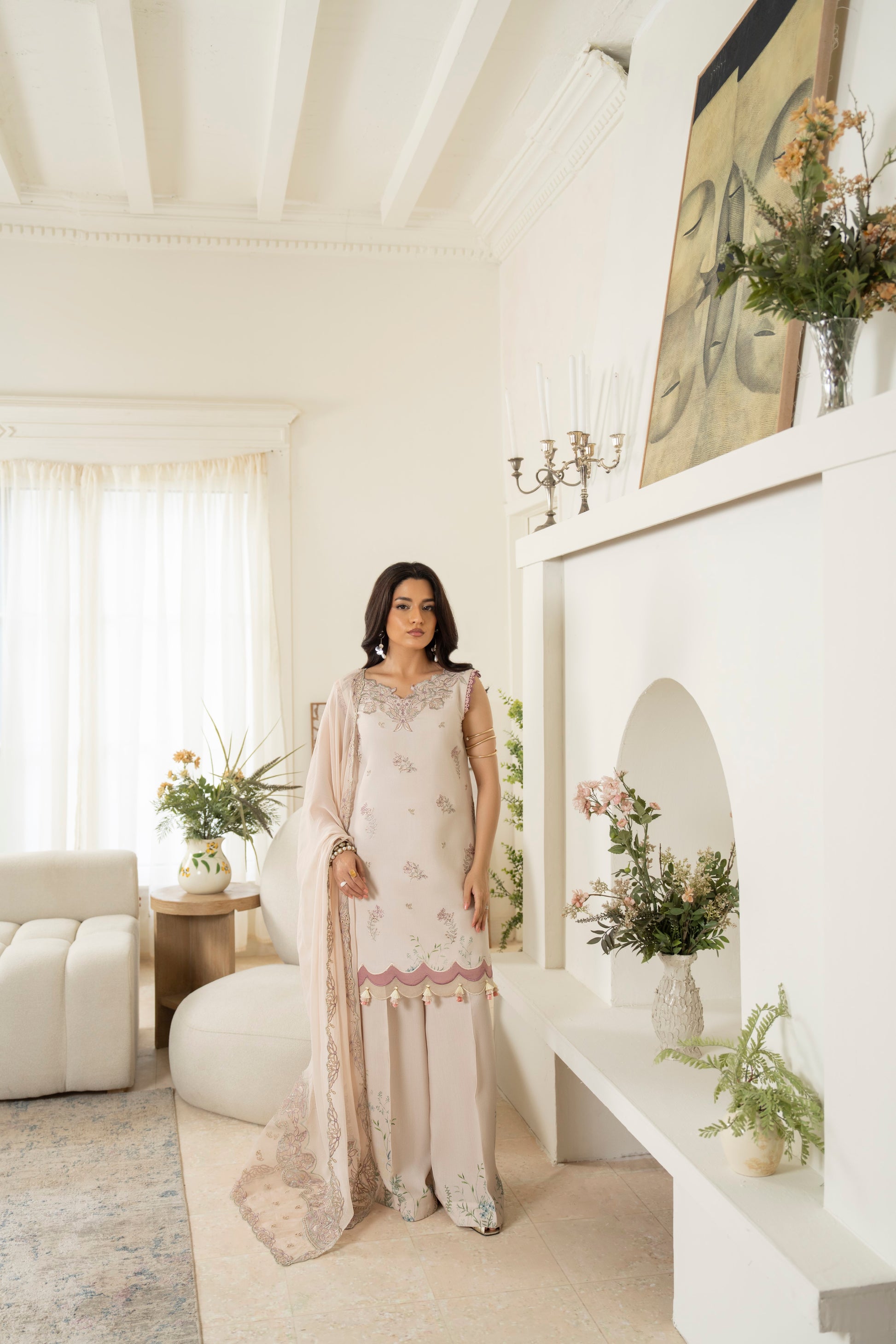 Modern printed viscose dress with embroidered front and chiffon dupatta