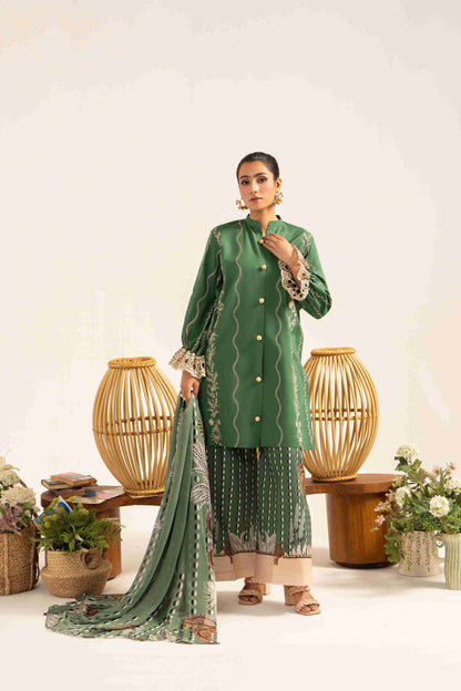 Stylish embroidered lawn shirt styled with chiffon dupatta and soft cotton trouser.