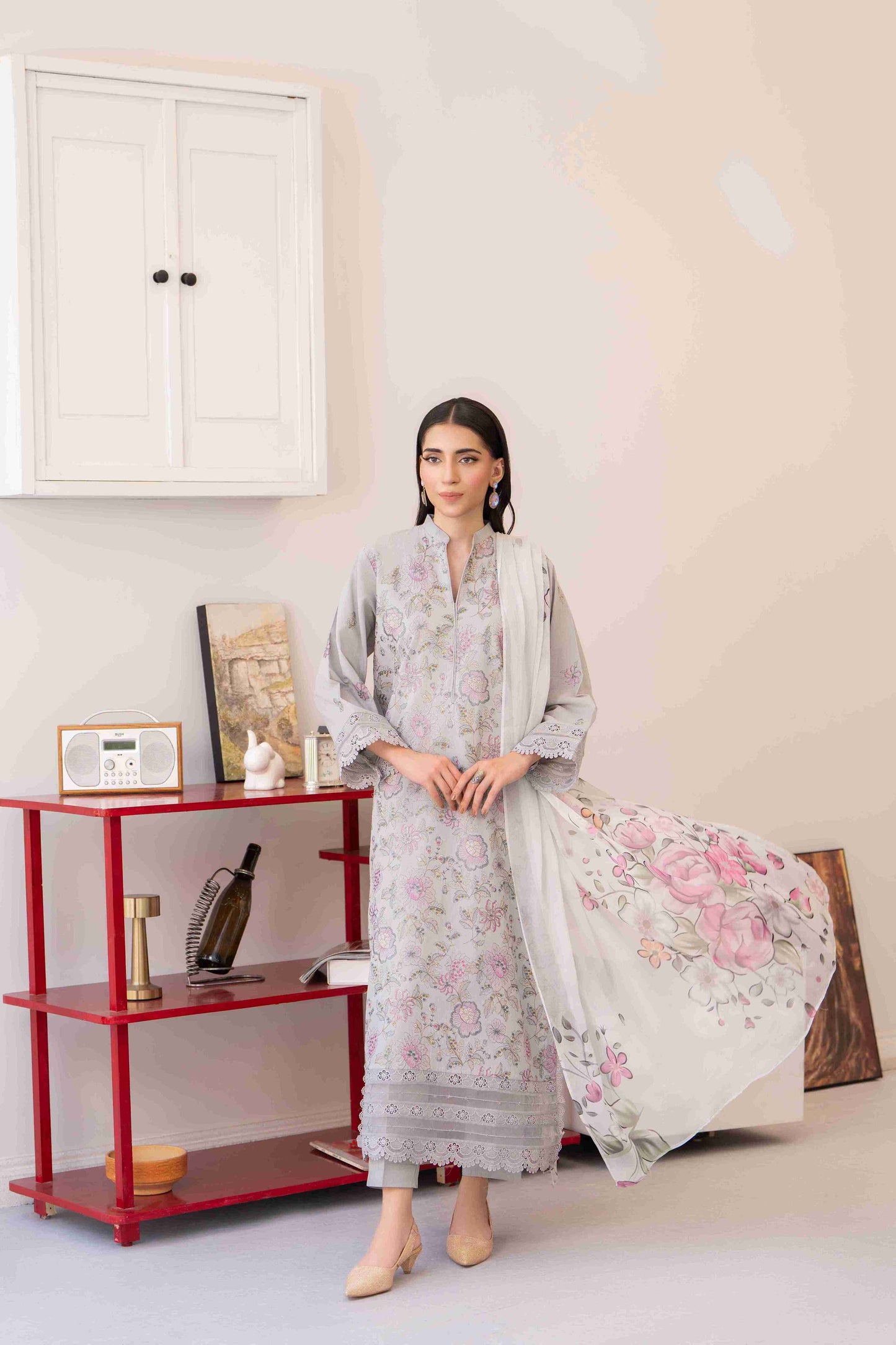  Premium embroidered lawn shirt crafted with chiffon dupatta and cotton trouser fabric