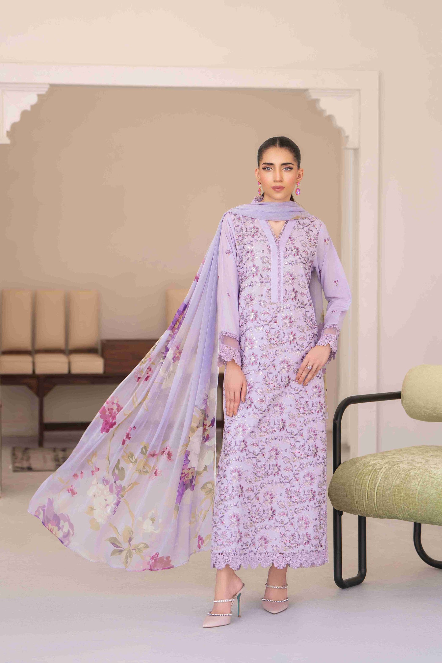 Elegant embroidered lawn shirt three meters with chiffon dupatta and cotton trouser