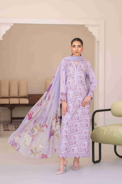 Elegant embroidered lawn shirt three meters with chiffon dupatta and cotton trouser
