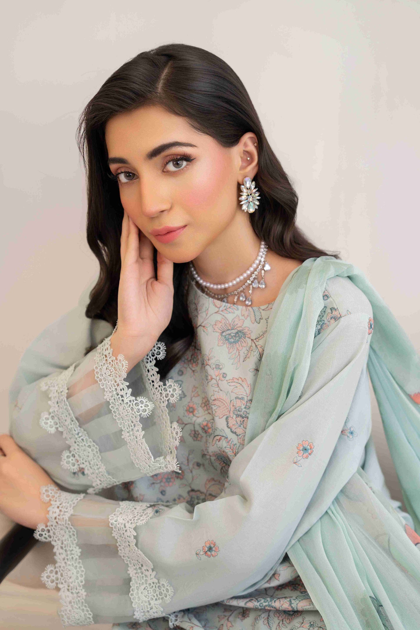  Elegant embroidered lawn suit with chiffon dupatta two point five meters and cotton trouser fabric