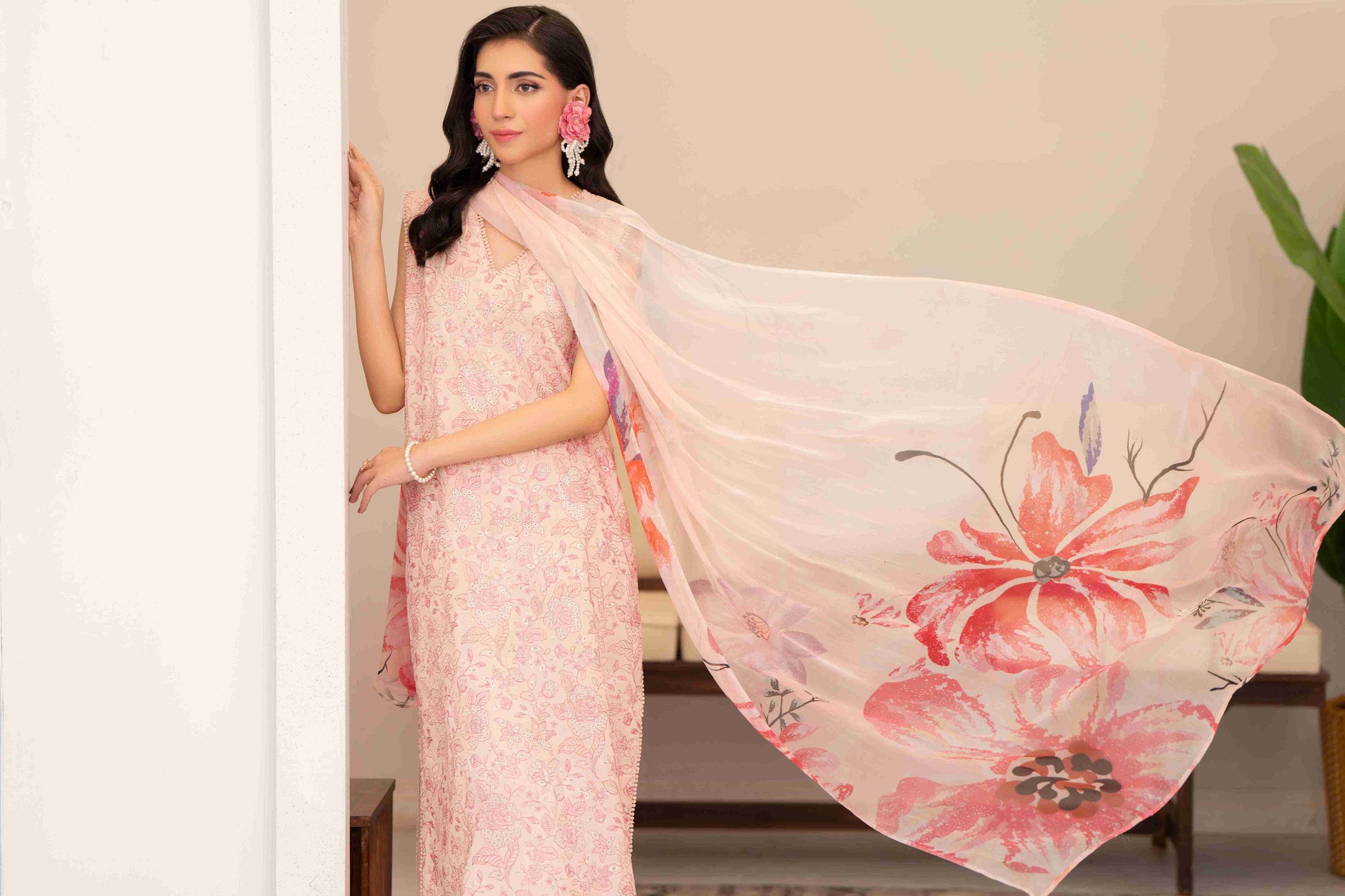 Lawn embroidered three piece suit including chiffon dupatta and cotton trouser fabric