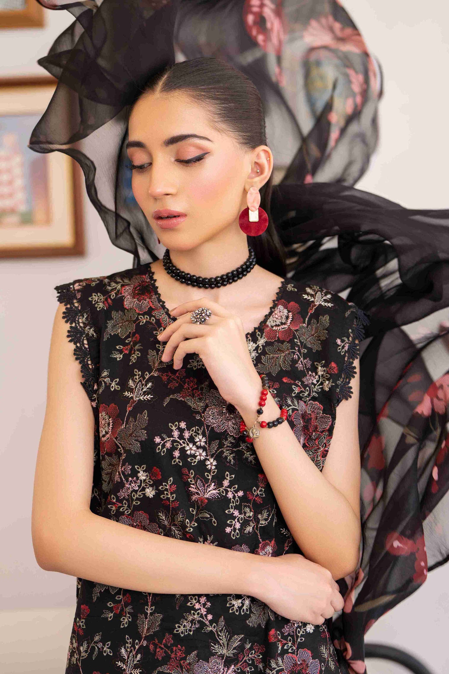 Classy three piece embroidered lawn shirt with chiffon dupatta and soft cotton trouser