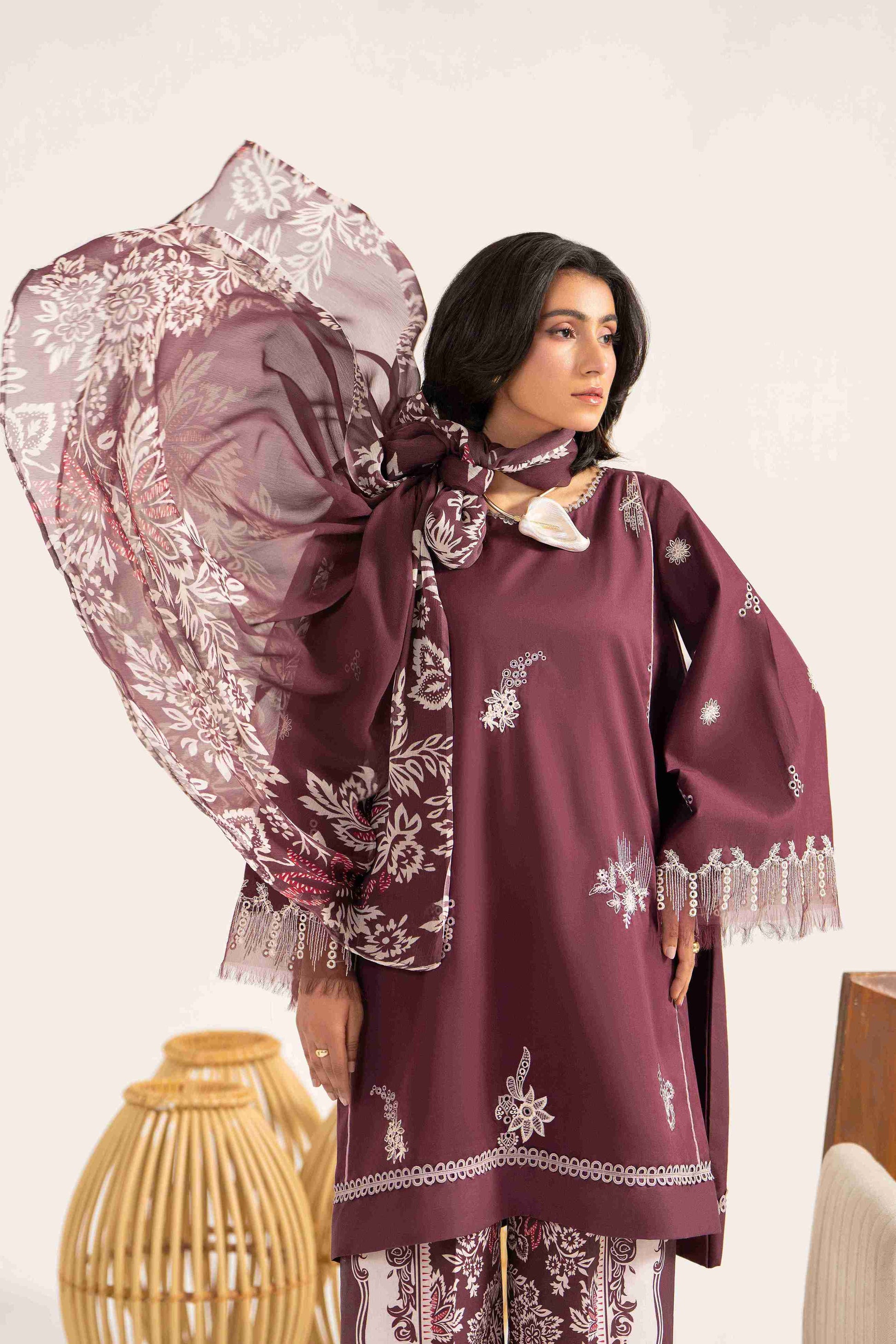 Casual embroidered lawn shirt with chiffon digital dupatta and soft cotton trouser.