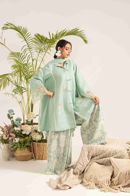 Casual embroidered lawn shirt styled with chiffon dupatta and comfortable trouser.