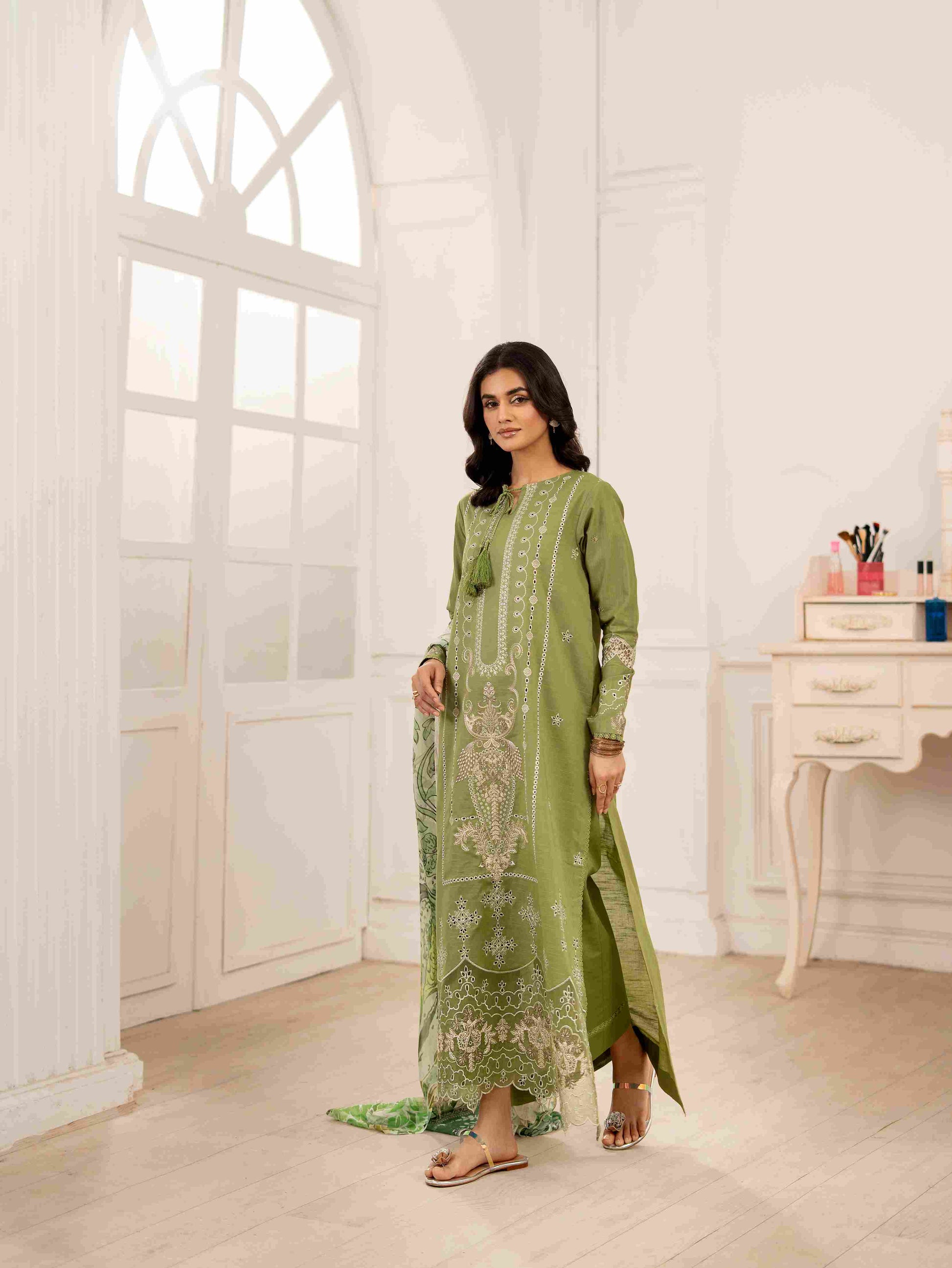 Summer embroidered lawn shirt paired with soft cotton trouser and chiffon dupatta