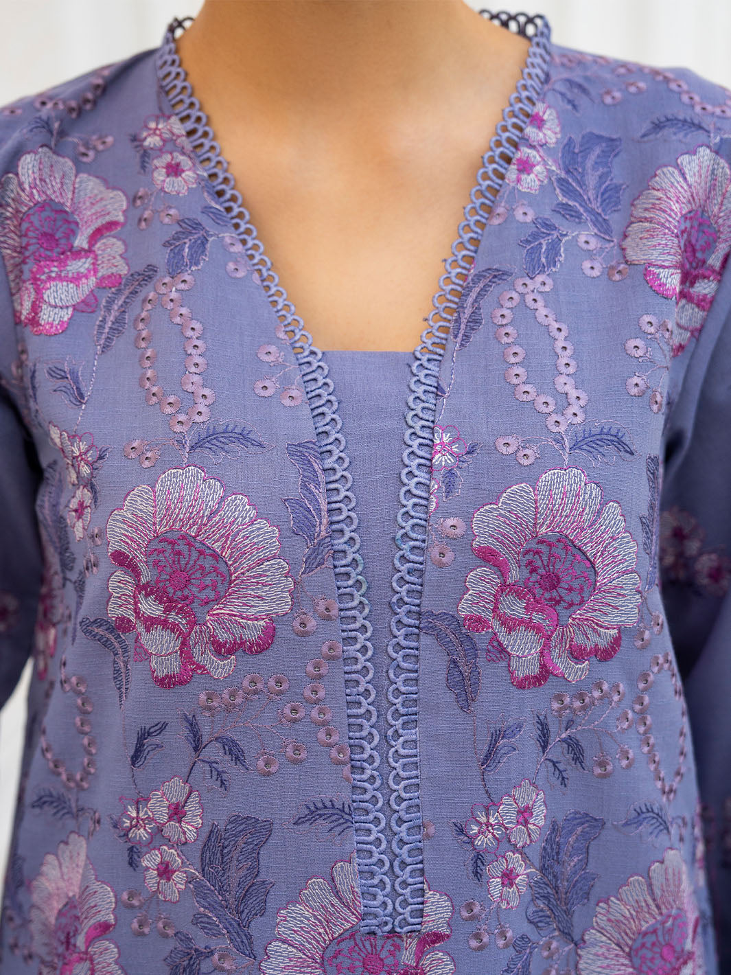 Summer embroidered lawn shirt with chiffon printed dupatta and karandi trouser