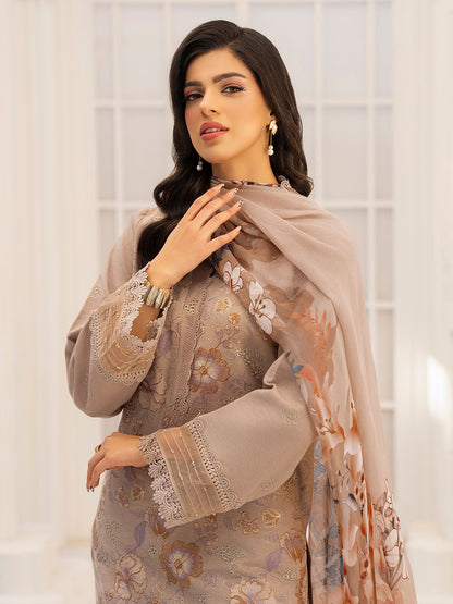 Summer embroidered lawn shirt with chiffon dupatta and plain karandi trouser