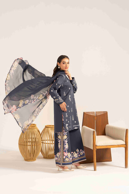 Elegant embroidered lawn shirt with detailed sleeves, chiffon dupatta, and trouser.