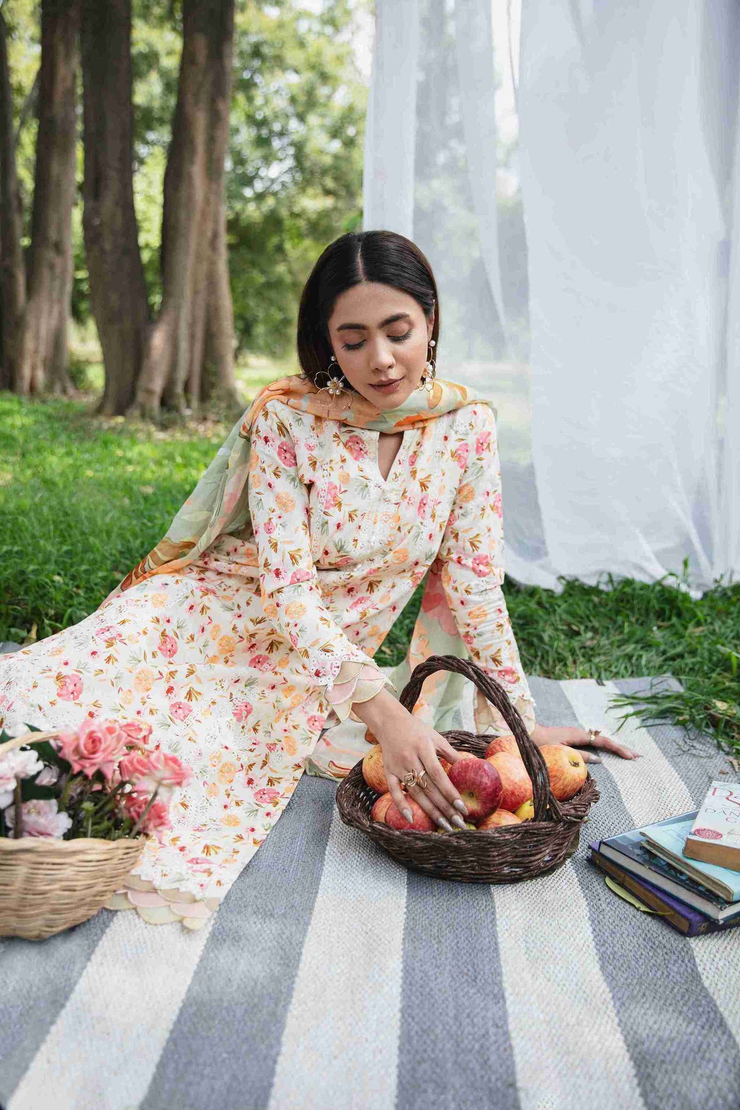 Designer lawn outfit featuring embroidery, chiffon dupatta, and cotton trouser