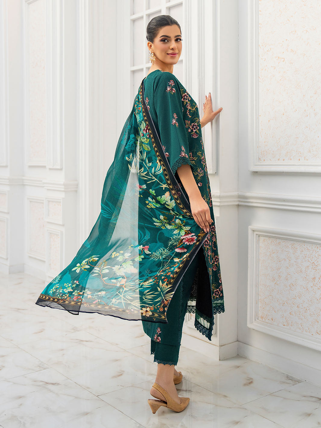 Summer embroidered lawn shirt with chiffon dupatta and plain karandi trouser