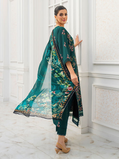 Summer embroidered lawn shirt with chiffon dupatta and plain karandi trouser