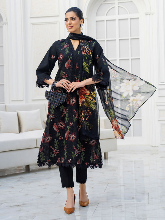 Festival embroidered lawn shirt with chiffon dupatta and karandi plain trouser