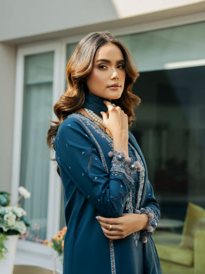 Summer embroidered dress with motifs, patch, and cotton dupatta