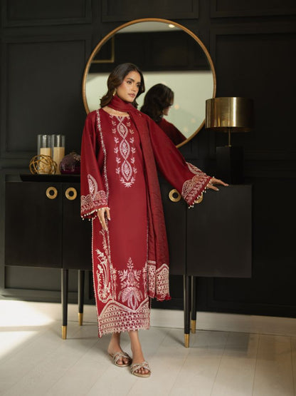 Embroidered summer dress featuring motifs, organza patch, and dupatta
