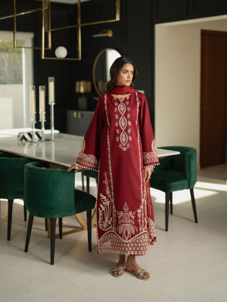 Stitched lawn summer dress with embroidered sleeves, motifs, and cotton dupatta