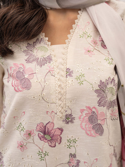  3-piece embroidered lawn suit with chiffon printed dupatta and soft karandi trousers


