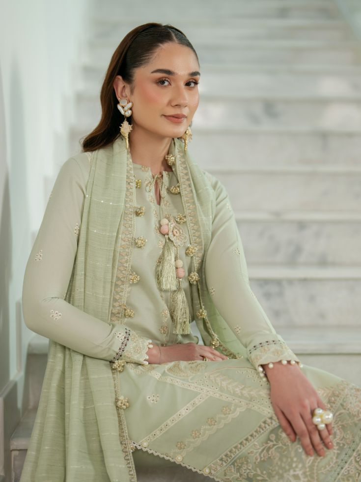 Stitched summer suit with embroidered shirt, motifs, and cotton dupatta
