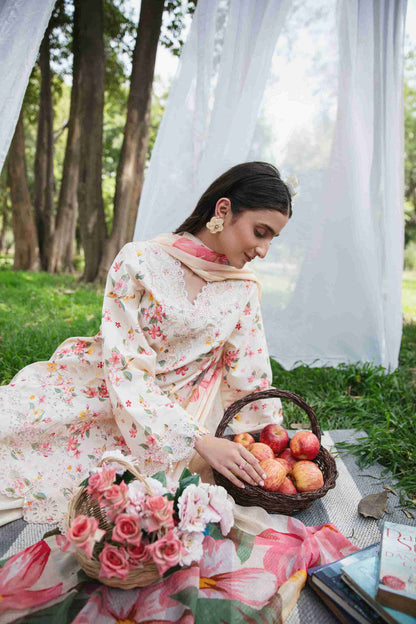 Embroidered lawn shirt with chiffon dupatta and cotton plain dyed trouser.