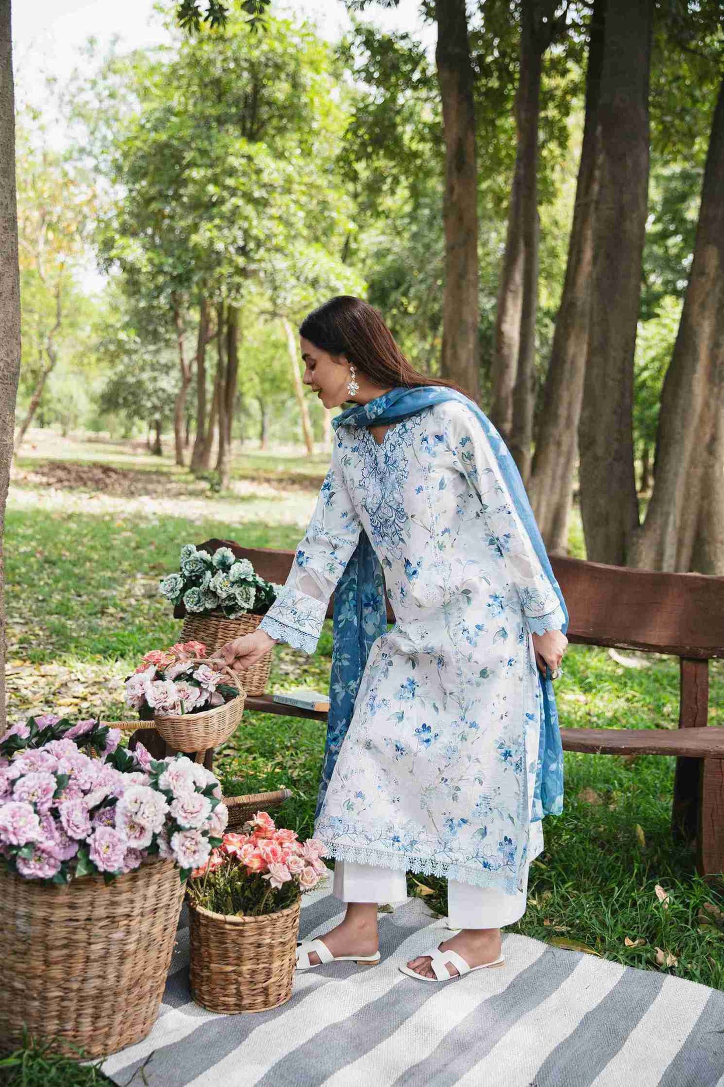 Embroidered lawn shirt paired with chiffon dupatta and plain trouser