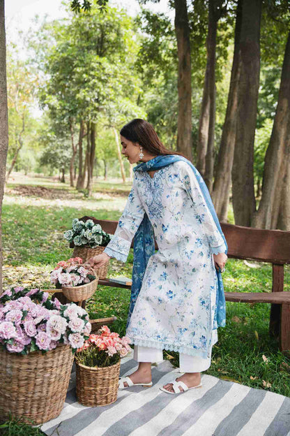 Embroidered lawn shirt paired with chiffon dupatta and plain trouser