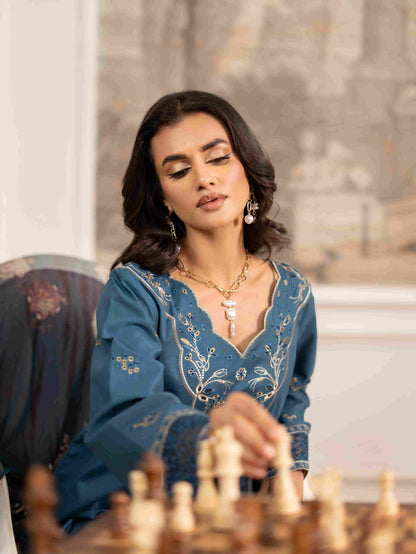 Embroidered lawn front shirt paired with cotton trouser and dupatta