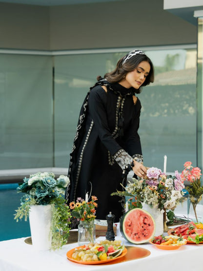 Summer stitched yellow embroidered lawn outfit with plain dyed back and cotton dupatta