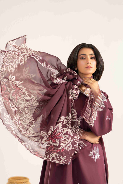  Luxury embroidered lawn shirt designed with chiffon dupatta and plain cotton trouser.