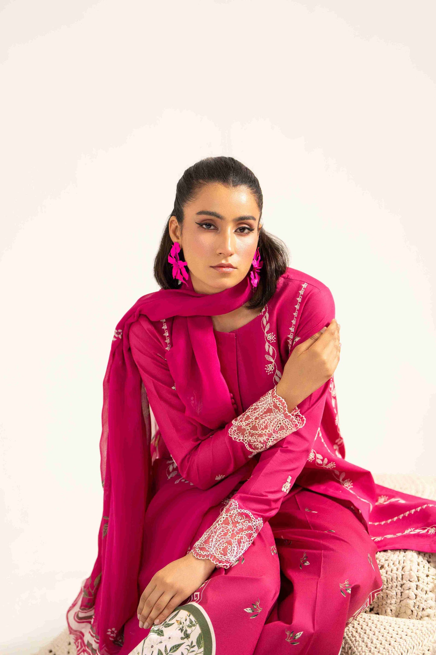 Luxury embroidered lawn shirt styled with chiffon digital dupatta and cotton trouser.