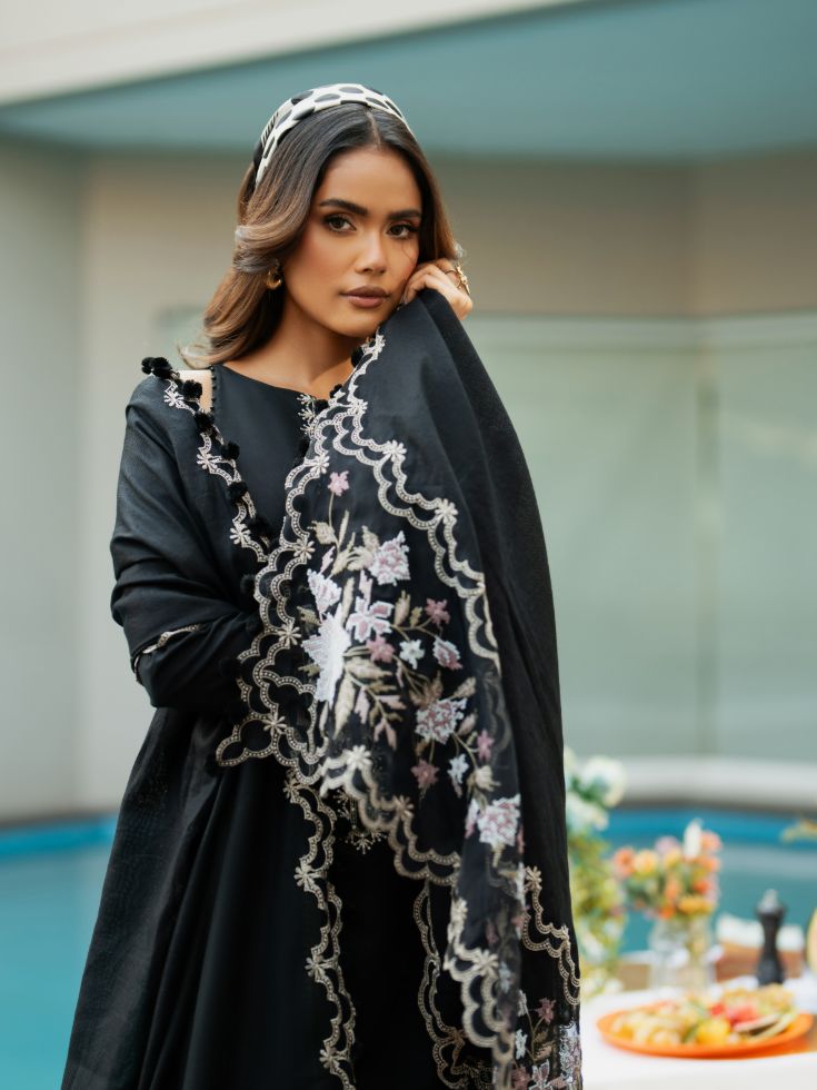 Embroidered summer lawn outfit with motifs, patch, and cotton dupatta