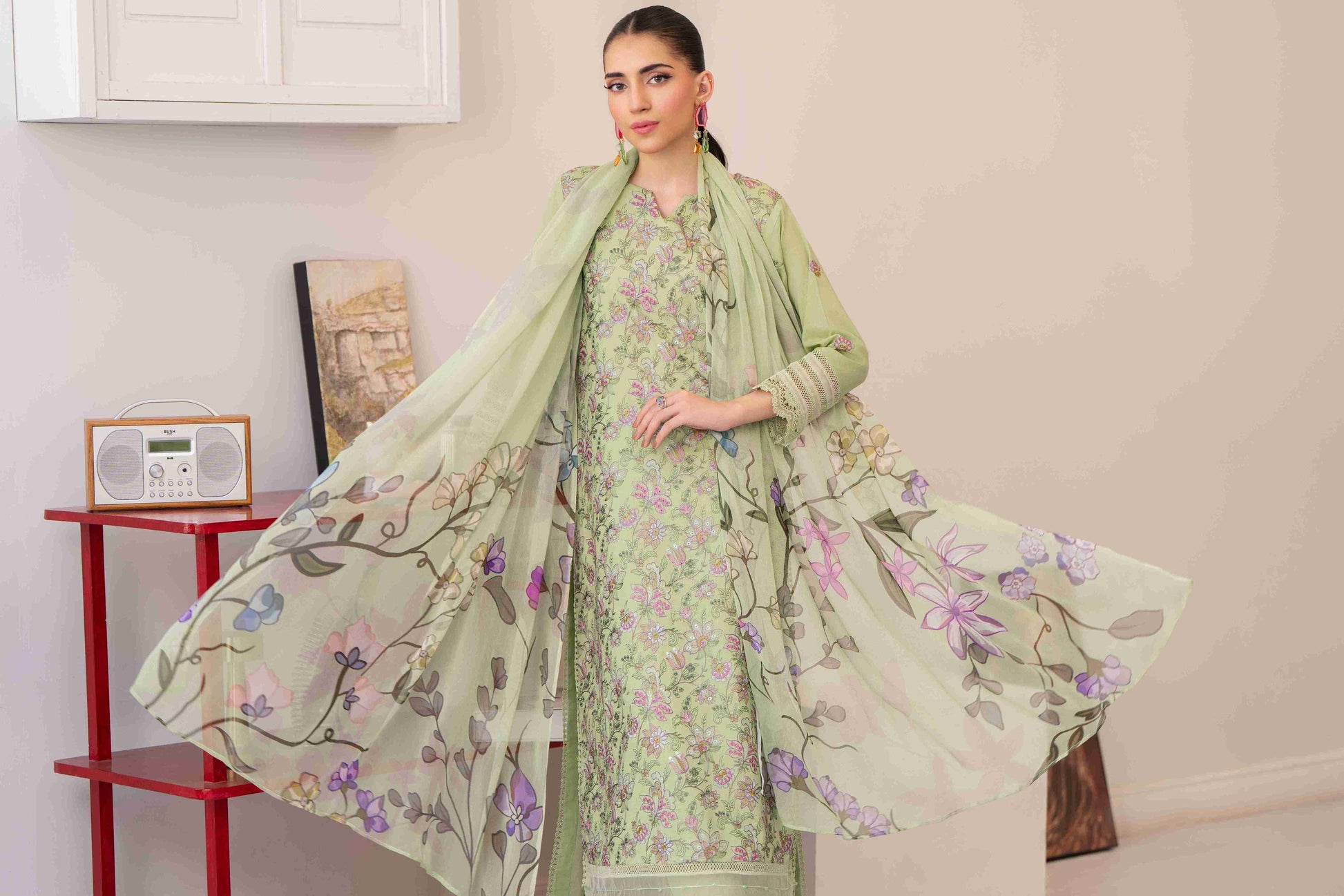Trendy embroidered lawn suit unstitched three piece with chiffon dupatta and plain cotton trouser