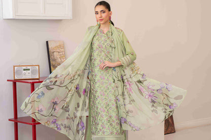 Trendy embroidered lawn suit unstitched three piece with chiffon dupatta and plain cotton trouser